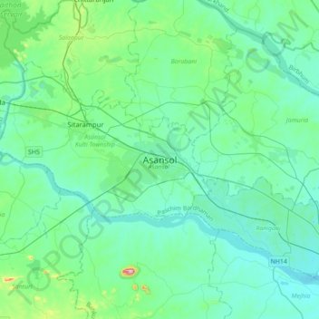 Mapa topográfico Asansol, altitud, relieve