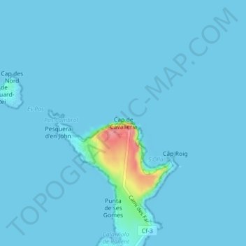 Mapa topográfico Cabo Caballería, altitud, relieve