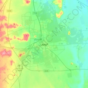 Mapa topográfico Al-Hofuf, altitud, relieve