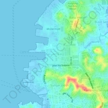 Mapa topográfico Batu Ampar, altitud, relieve