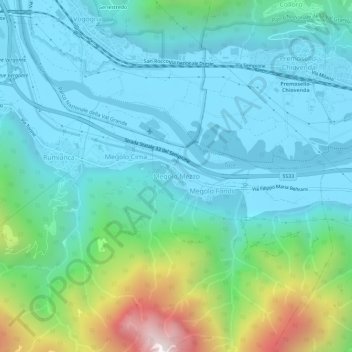 Mapa topográfico Megolo Mezzo, altitud, relieve