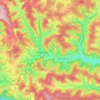 Mapa topográfico Furtwangen, altitud, relieve