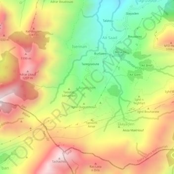 Mapa topográfico Aouejiten, altitud, relieve