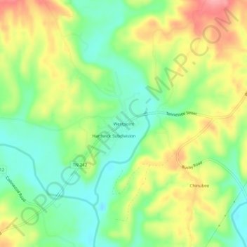 Mapa topográfico Westpoint, altitud, relieve
