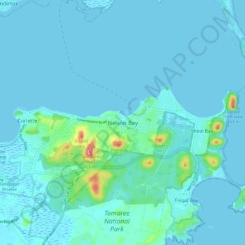 Mapa topográfico Nelson Bay, altitud, relieve