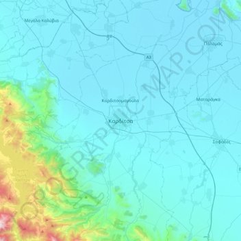Mapa topográfico Karditsa, altitud, relieve