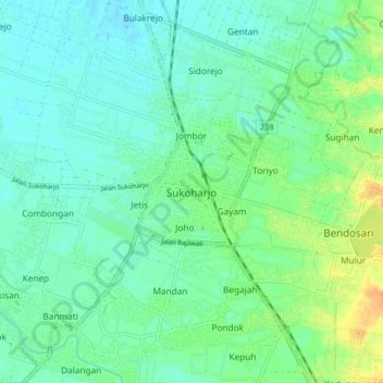 Mapa topográfico Sukoharjo, altitud, relieve