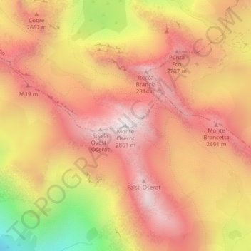 Mapa topográfico Monte Oserot, altitud, relieve