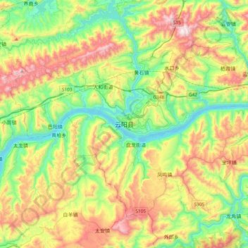 Mapa topográfico Yunyang, altitud, relieve