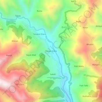 Mapa topográfico Tipura Shera, altitud, relieve