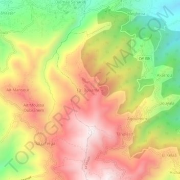 Mapa topográfico Tizi Bouamane, altitud, relieve