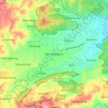 Mapa topográfico Wonosegoro, altitud, relieve