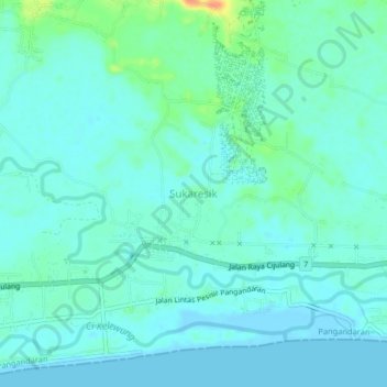 Mapa topográfico Sukaresik, altitud, relieve