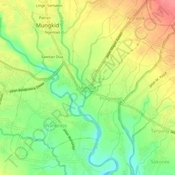 Mapa topográfico Mendut, altitud, relieve