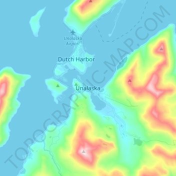 Mapa topográfico Unalaska, altitud, relieve