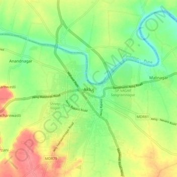 Mapa topográfico Akluj, altitud, relieve