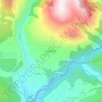 Mapa topográfico Susañe del Sil, altitud, relieve
