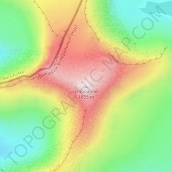 Mapa topográfico Mount Narodnaya, altitud, relieve