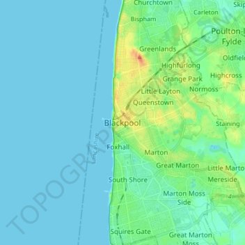 Mapa topográfico Blackpool, altitud, relieve