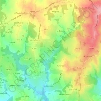 Mapa topográfico Esparcillac, altitud, relieve