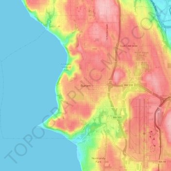 Mapa topográfico Burien, altitud, relieve