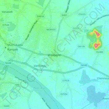 Mapa topográfico Walajapet, altitud, relieve