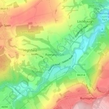 Mapa topográfico Rowlands Gill, altitud, relieve