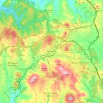 Mapa topográfico Malveira, altitud, relieve