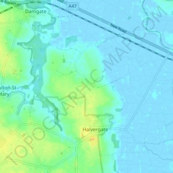 Mapa topográfico Tunstall, altitud, relieve