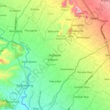 Mapa topográfico Ngluwar, altitud, relieve