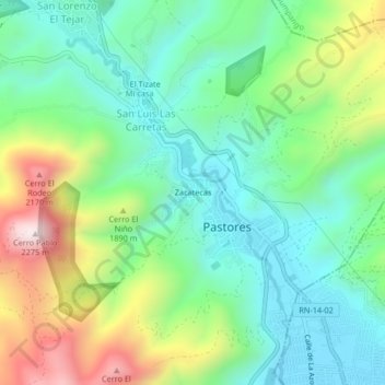 Mapa topográfico Zacatecas, altitud, relieve
