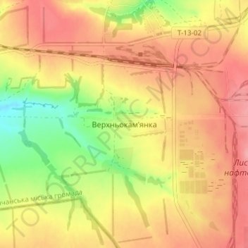 Mapa topográfico Verkhnokamianka, altitud, relieve