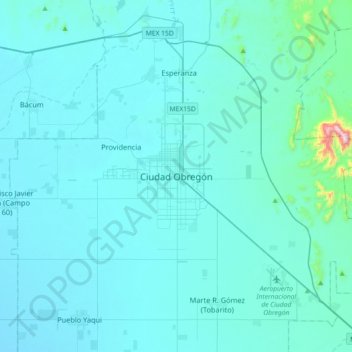 Mapa topográfico Ciudad Obregón, altitud, relieve