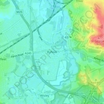 Mapa topográfico Byfleet, altitud, relieve