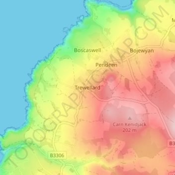 Mapa topográfico Trewellard, altitud, relieve