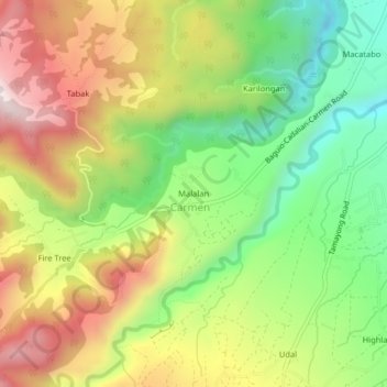 Mapa topográfico Malalan, altitud, relieve