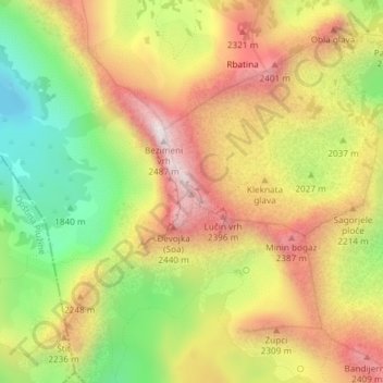 Mapa topográfico Bobotov Kuk, altitud, relieve