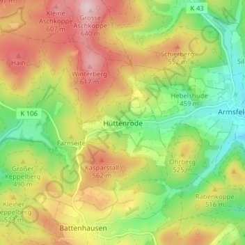Mapa topográfico Hüttenrode, altitud, relieve