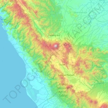 Mapa topográfico Kayu Aro Barat, altitud, relieve
