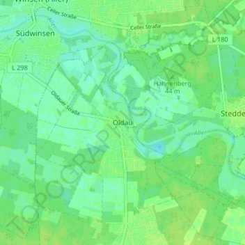 Mapa topográfico Oldau, altitud, relieve