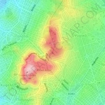 Mapa topográfico Olympus, altitud, relieve