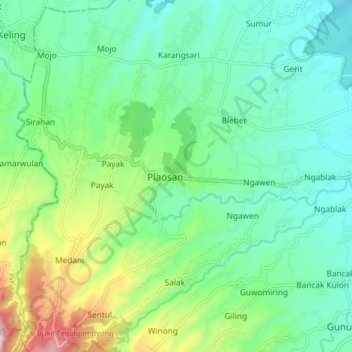 Mapa topográfico Cluwak, altitud, relieve