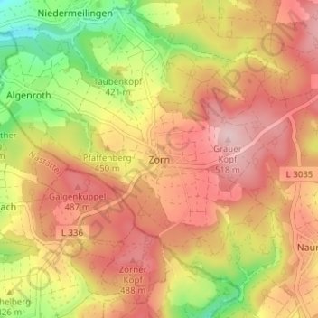 Mapa topográfico Zorn, altitud, relieve