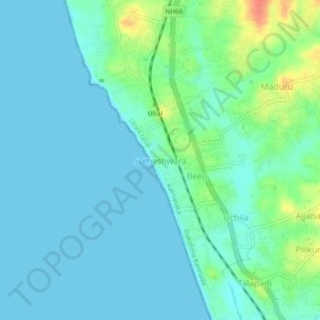 Mapa topográfico Someshwara, altitud, relieve