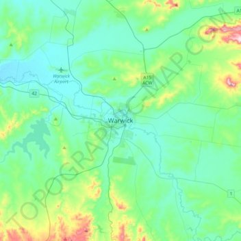 Mapa topográfico Warwick, altitud, relieve