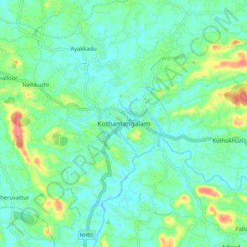 Mapa topográfico Kothamangalam, altitud, relieve