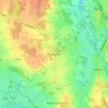 Mapa topográfico Kampen, altitud, relieve