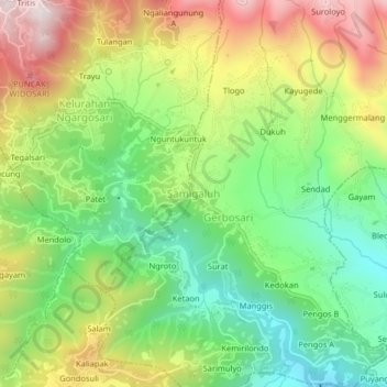 Mapa topográfico Samigaluh, altitud, relieve
