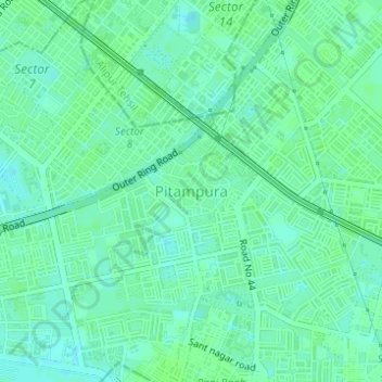 Mapa topográfico Pitampura, altitud, relieve
