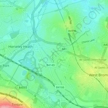 Mapa topográfico Ryders Green, altitud, relieve